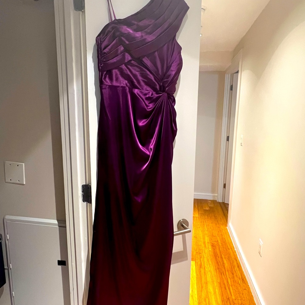 Purple satin floor length gown with front split